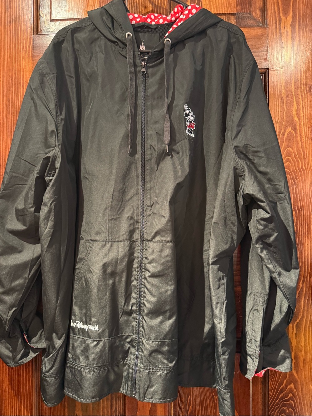 Disney Black Minnie Mouse Hooded Windbreaker with Red Polka Dot Hood Lining